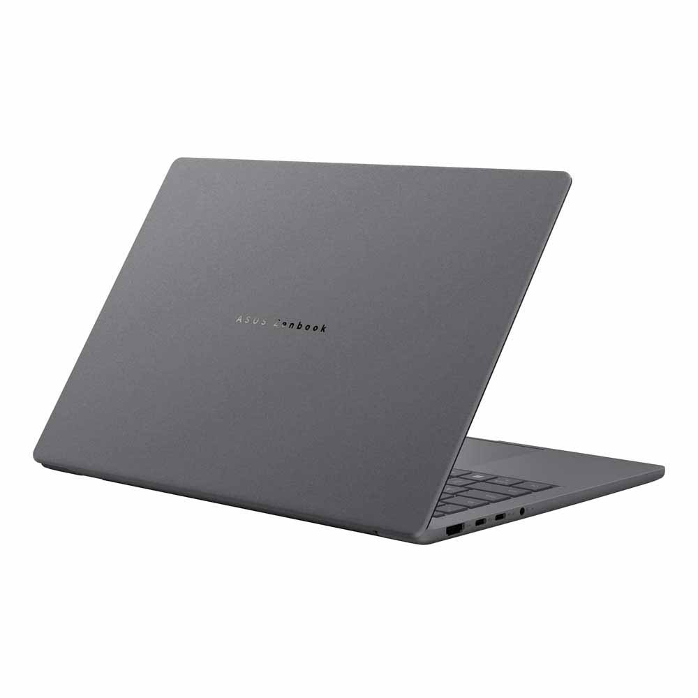 Beyaz arka plan üzerinde klavye ve bağlantı noktalarına sahip gri Asus Zenbook dizüstü bilgisayar.