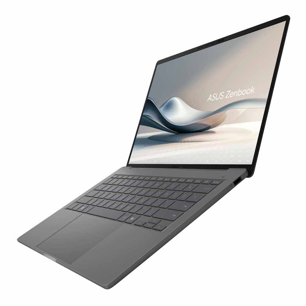 Şık tasarımlı gri bir ASUS Zenbook dizüstü bilgisayar, açık ve ekranını gösteriyor.