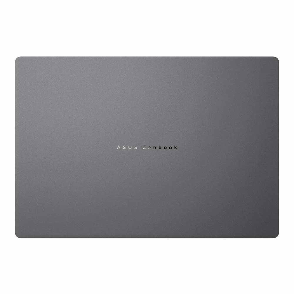 Kapalı gri Asus Zenbook dizüstü bilgisayar beyaz arka planda.