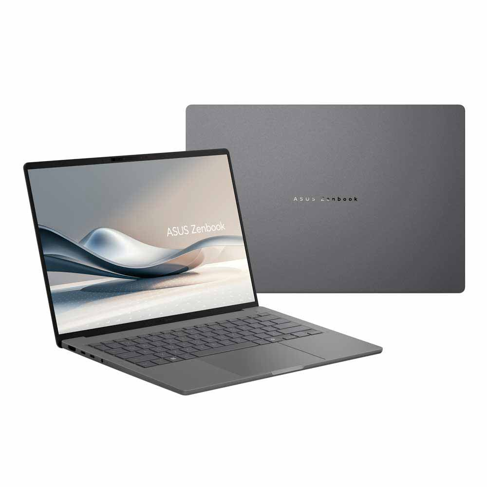 Gri ASUS Zenbook dizüstü bilgisayar, açık ve kapalı halde, beyaz zeminde.