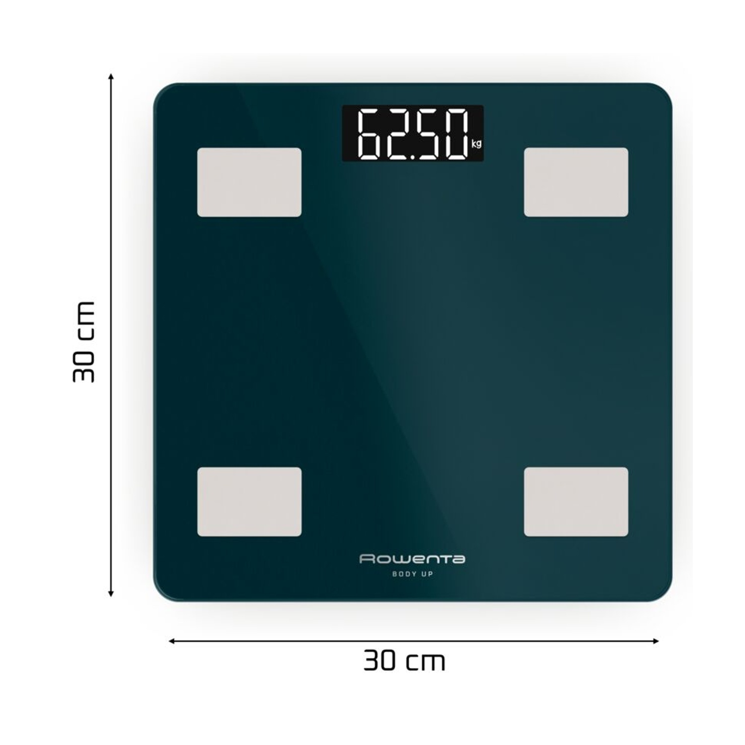 Una bilancia pesapersone digitale scura con elettrodi bianchi e display da 62,50 kg.