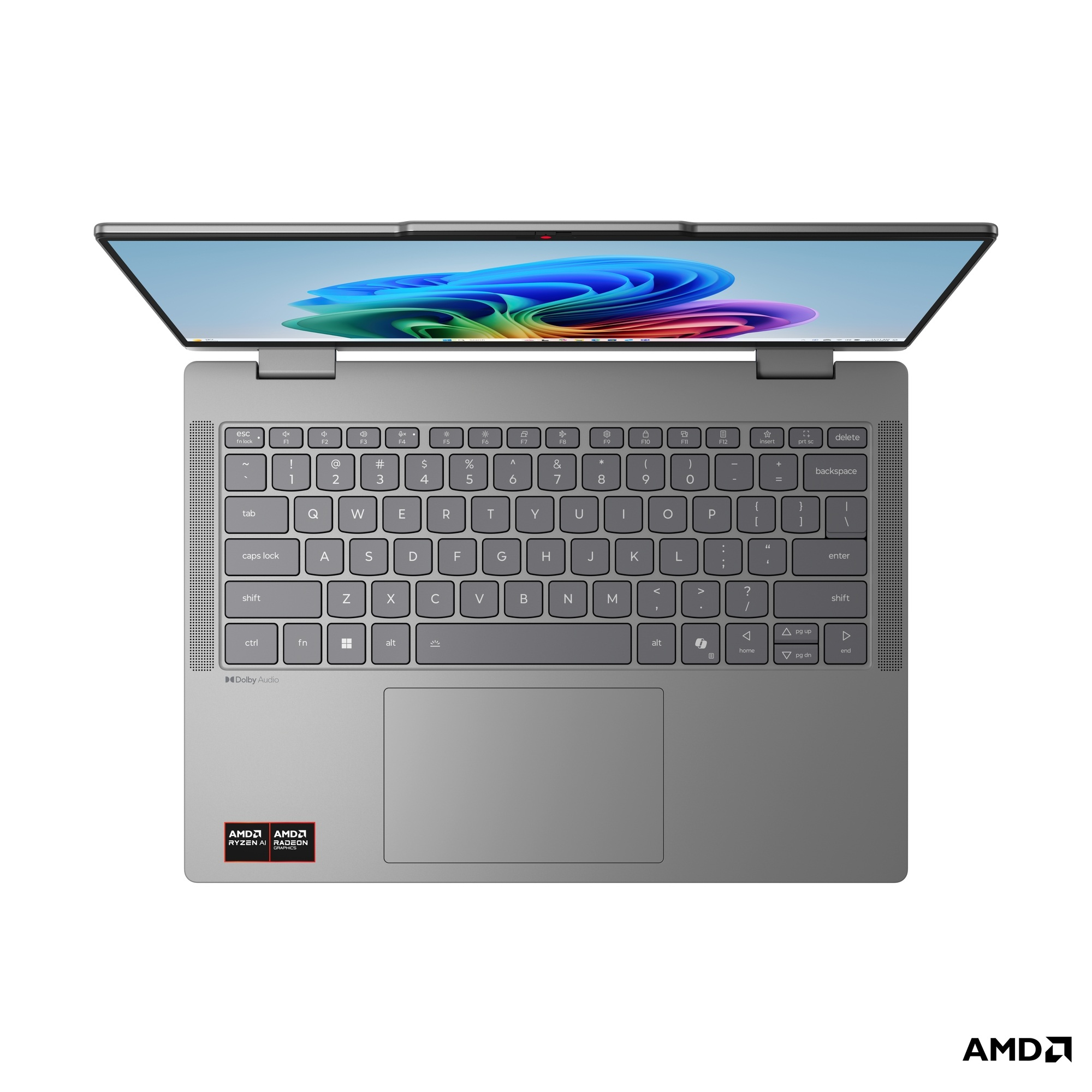 Renkli soyut bir görüntü gösteren açık ekranlı gri dizüstü bilgisayar. AMD Ryzen logosu.