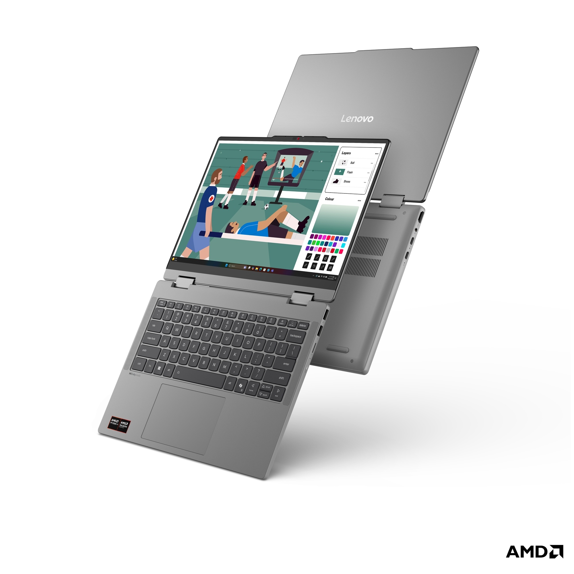 Açık gri Lenovo dizüstü bilgisayar ekranında futbol maçı gösteriyor.