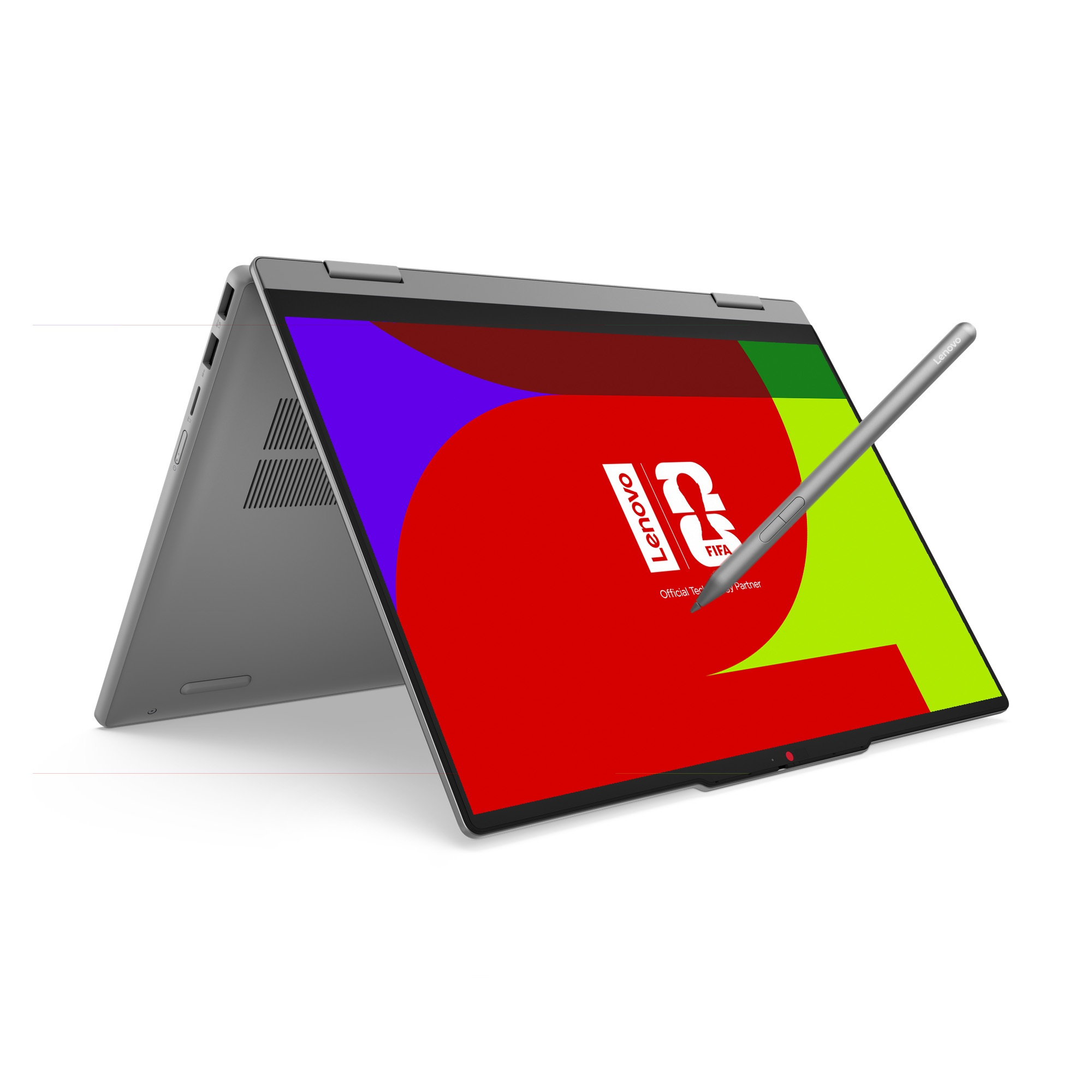 Ekranında FIFA logosu bulunan gri bir Lenovo dizüstü bilgisayar ve kalem.