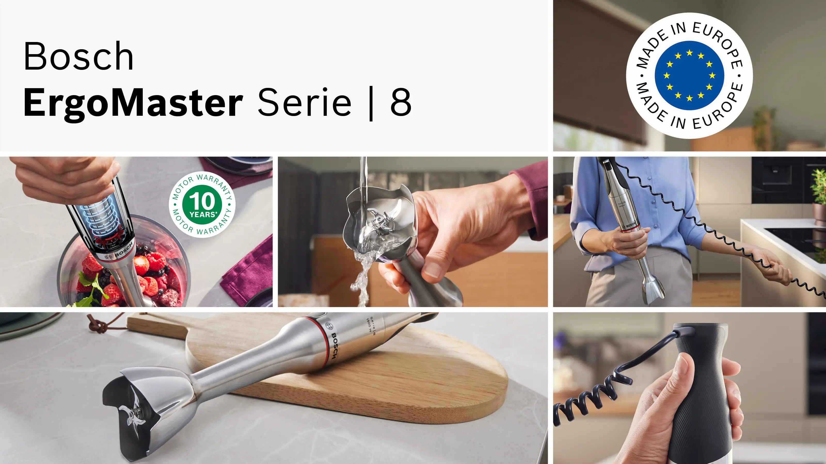 Bosch ErgoMaster Serie | 8 z owocami, pieczęcią gwarancyjną i urządzeniami kuchennymi.