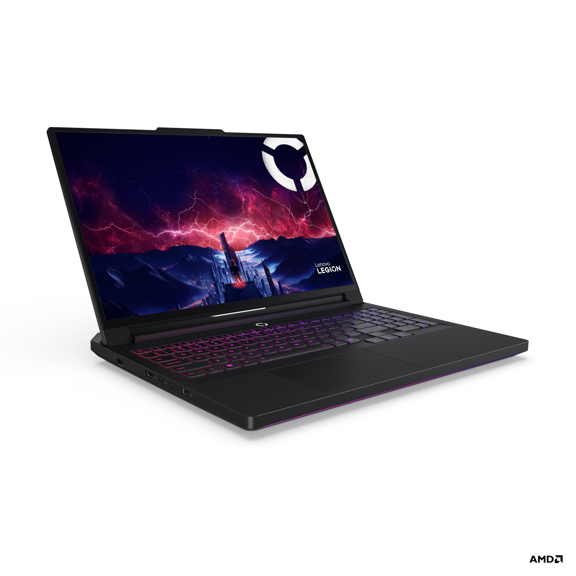 Canlı, fırtınalı duvar kağıdı ve mor klavye aydınlatmalı siyah bir Lenovo Legion dizüstü bilgisayar.