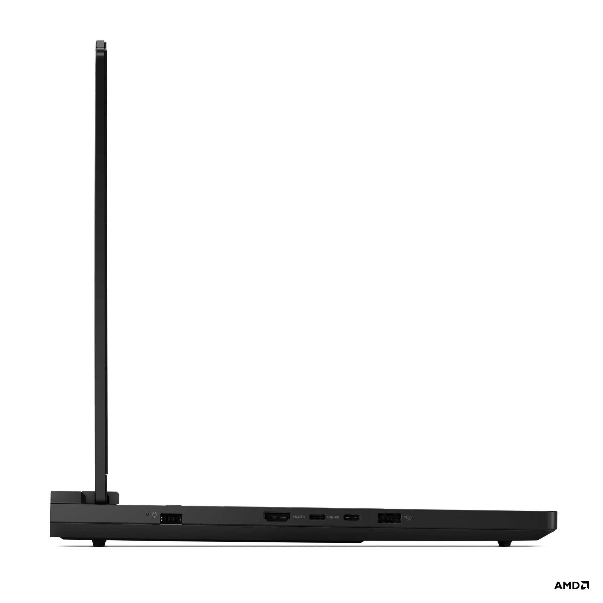 Yan profildeki siyah dizüstü bilgisayar, HDMI ve USB-C gibi portlar gösteriyor.