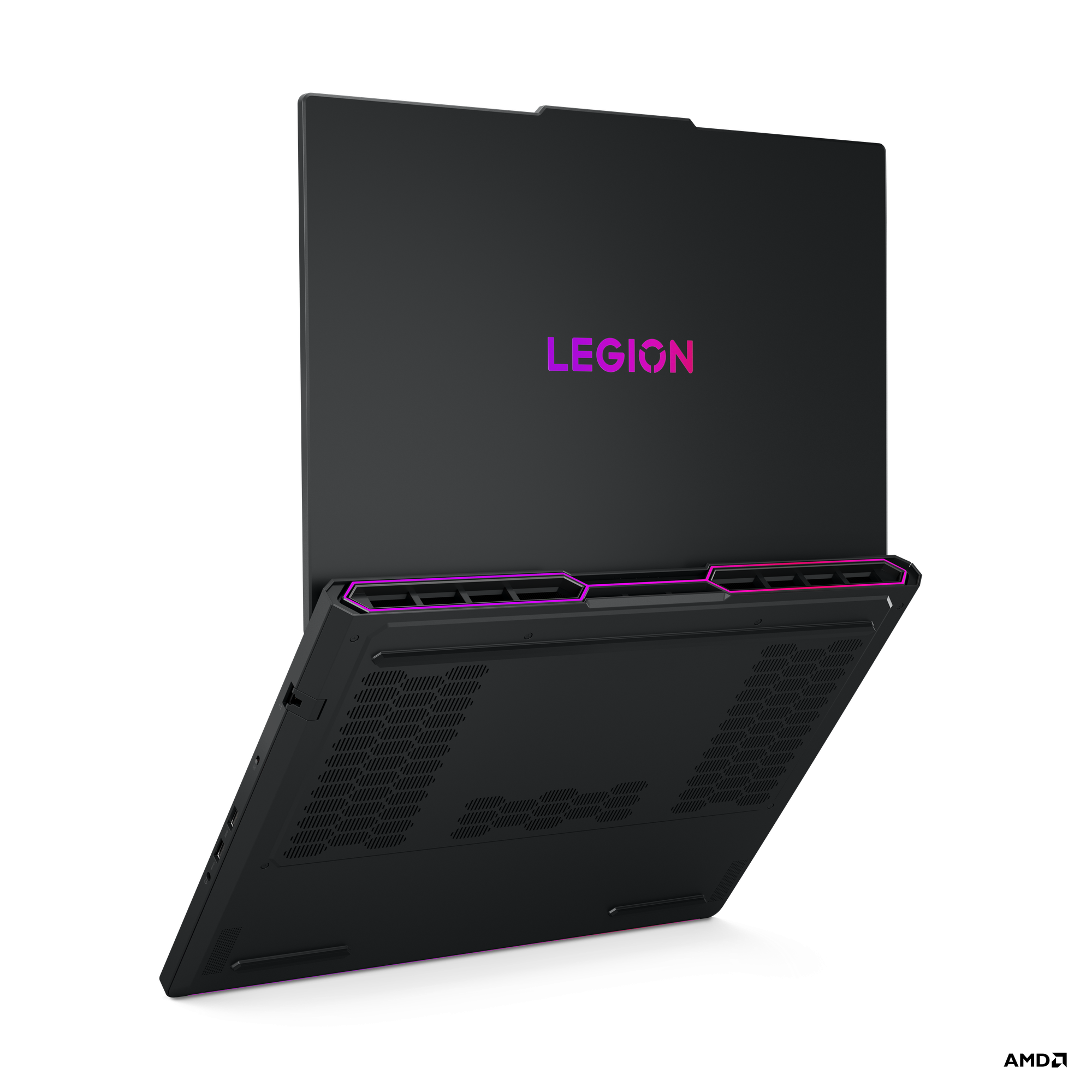 Mor "LEGION" logosu ve aydınlatmalı siyah bir dizüstü bilgisayar.