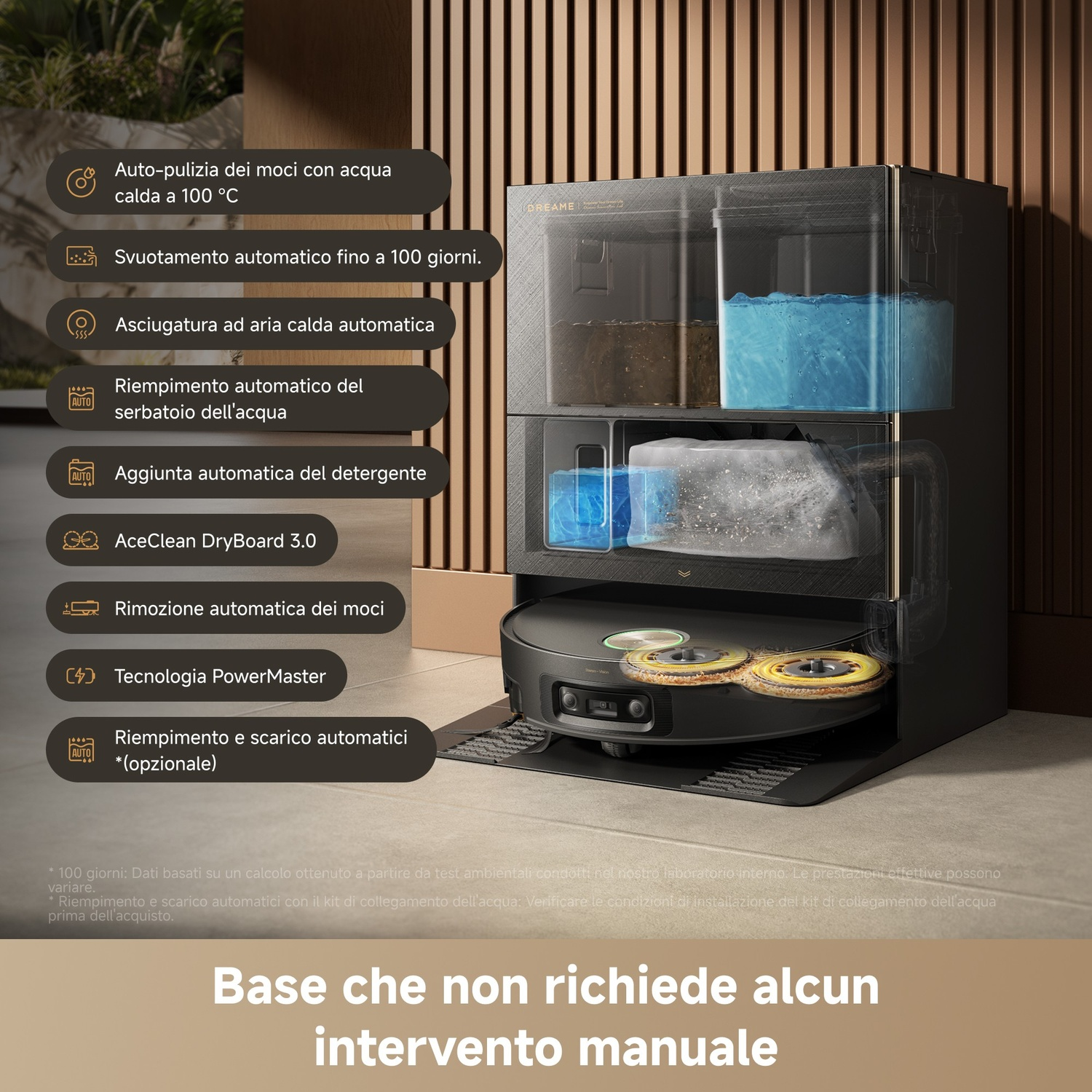 Stazione di pulizia con un robot aspirapolvere che si auto-pulisce.