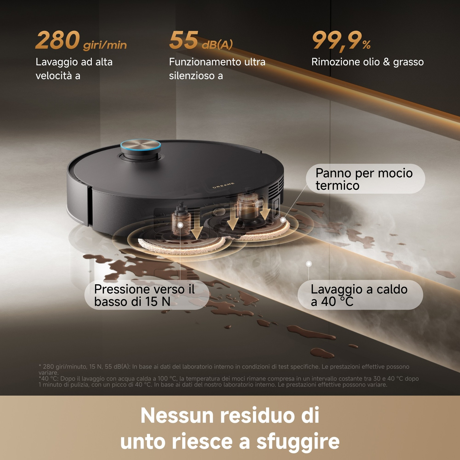 Un robot aspirapolvere pulisce con mocio rotante e pressione 15N. Acqua calda a 40°C.