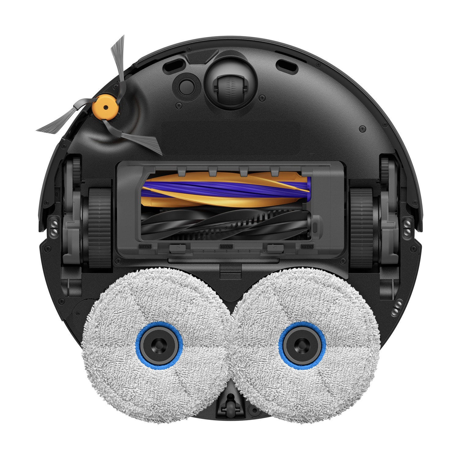 Parte inferiore di un robot aspirapolvere nero con spazzole rotanti e panni mop.