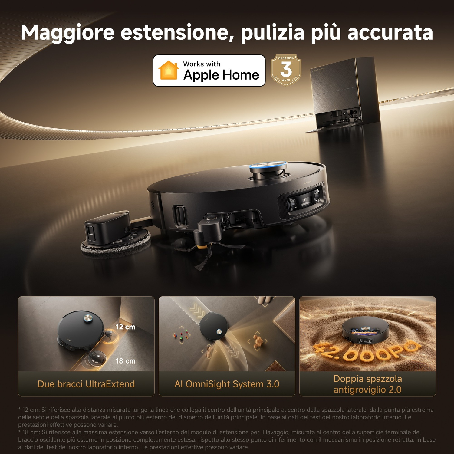 Un robot aspirapolvere con compatibilità Apple Home e garanzia 3 anni.