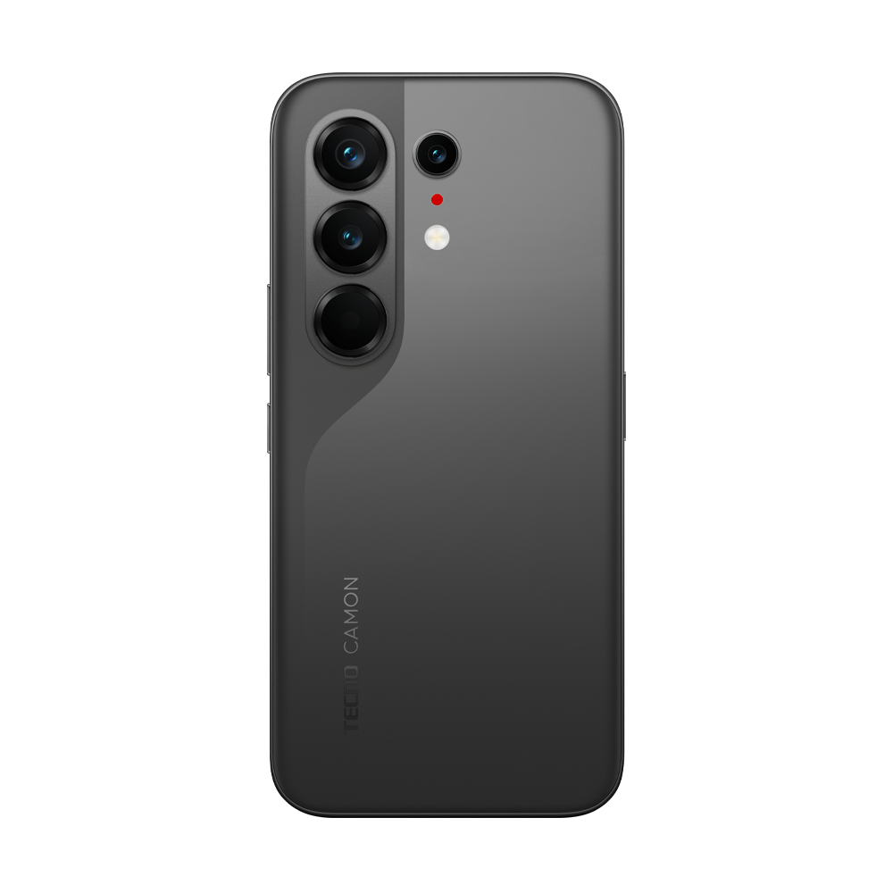 Üç kameralı gri akıllı telefonun arkası ve TECNO CAMON logosu.