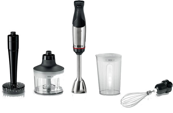 Blender ręczny z akcesoriami: trzepaczka, kubek, siekacz i mieszadło.