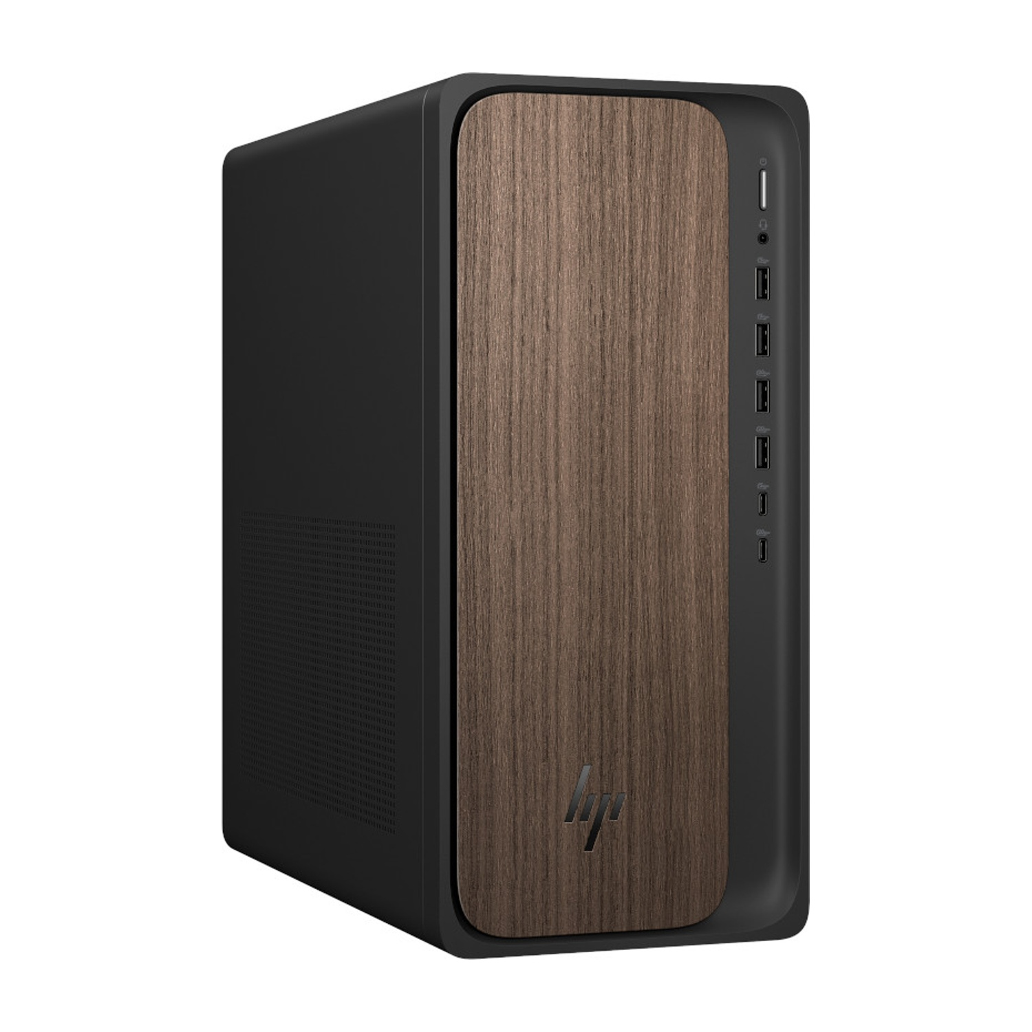 Tower del computer nero con pannello frontale in legno e logo HP.