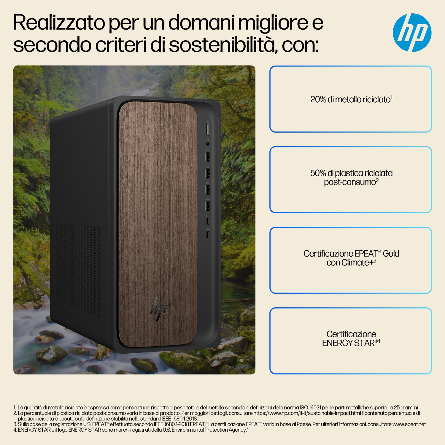 PC nero con dettaglio in legno, su sfondo di natura e fiume.
