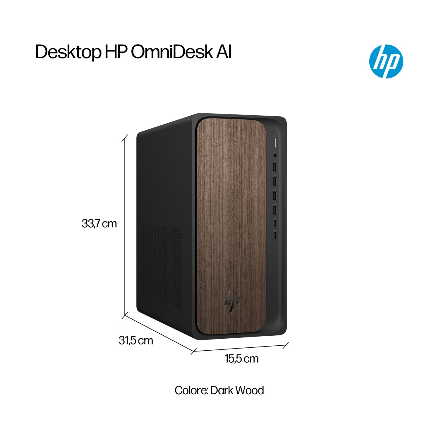 Un computer desktop HP OmniDesk AI nero con impiallacciatura in legno scuro.