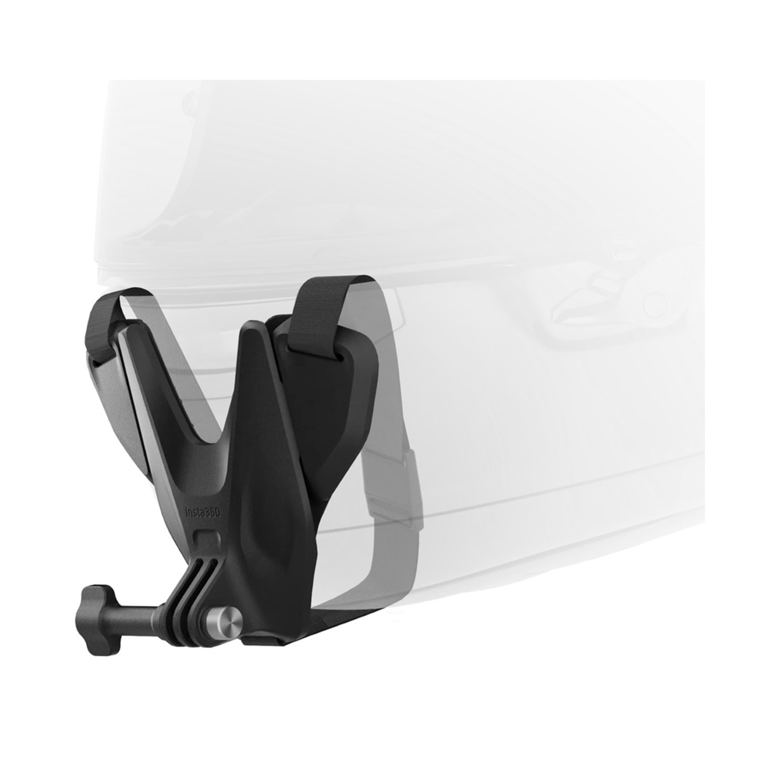 Supporto nero per casco con vite di bloccaggio per fotocamera, fissato a un casco bianco.