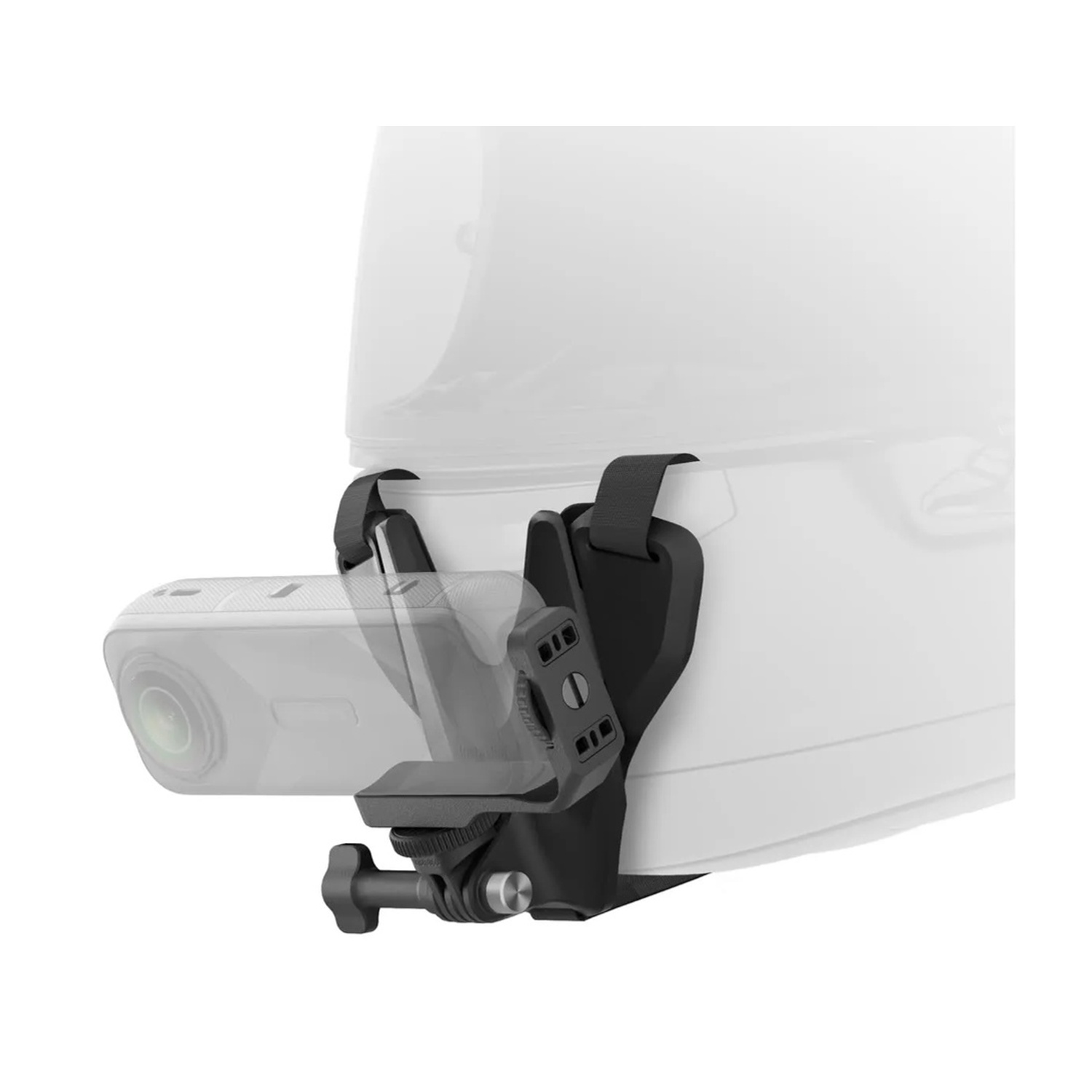 Un supporto nero fissa una action cam bianca a un casco bianco.
