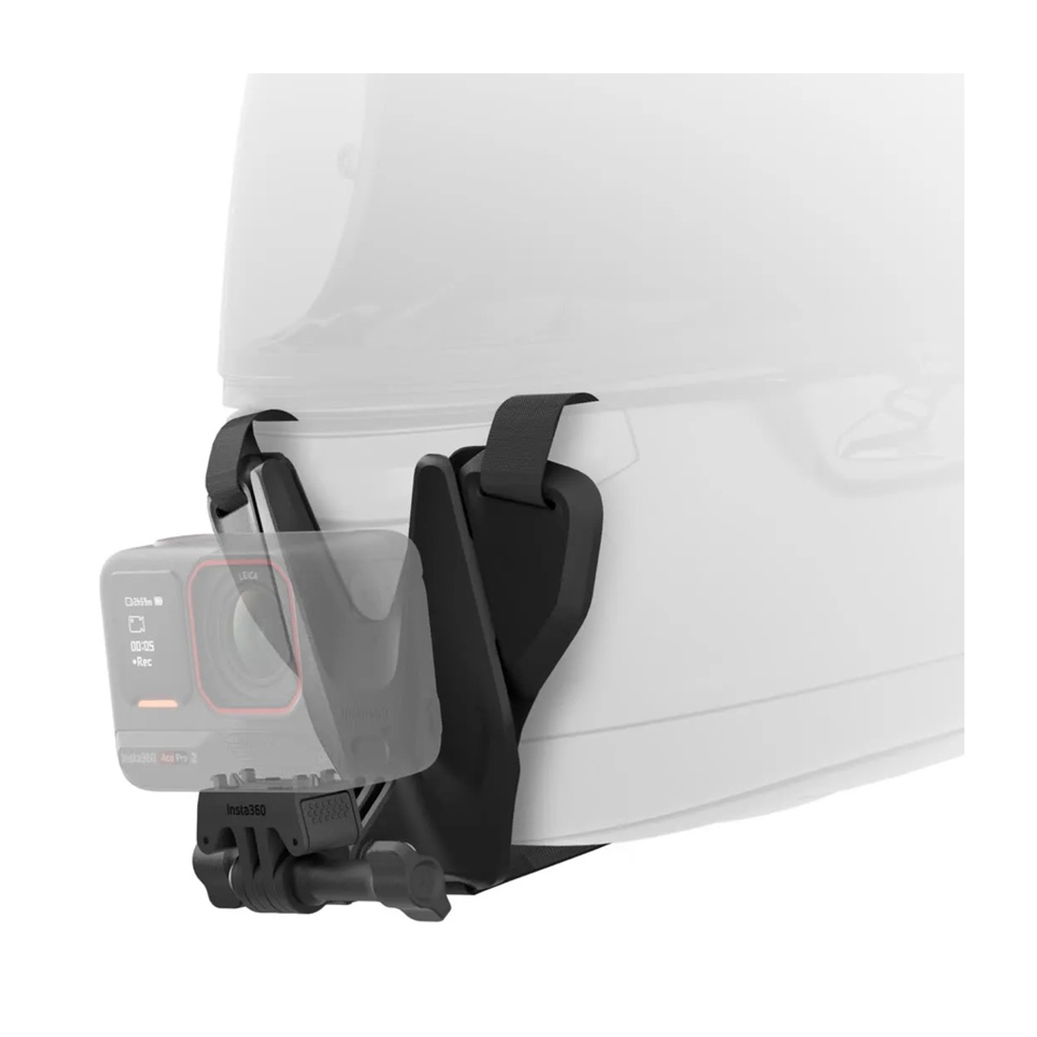 Action camera attaccata a un casco bianco con supporto nero.