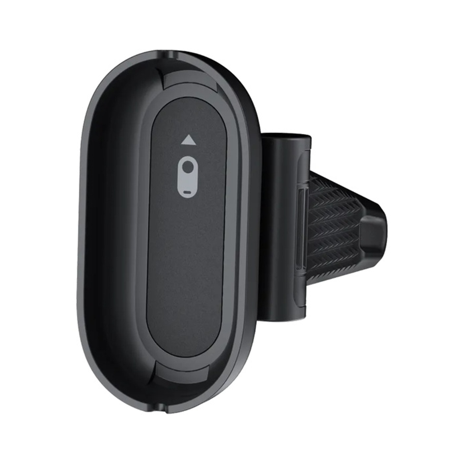 Supporto ovale nero con icona e freccia grigie.