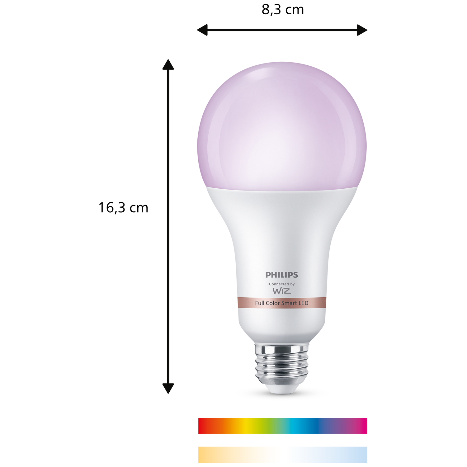 Witte gloeilamp met roze gloed, 16,3 cm hoog, 8,3 cm breed.
