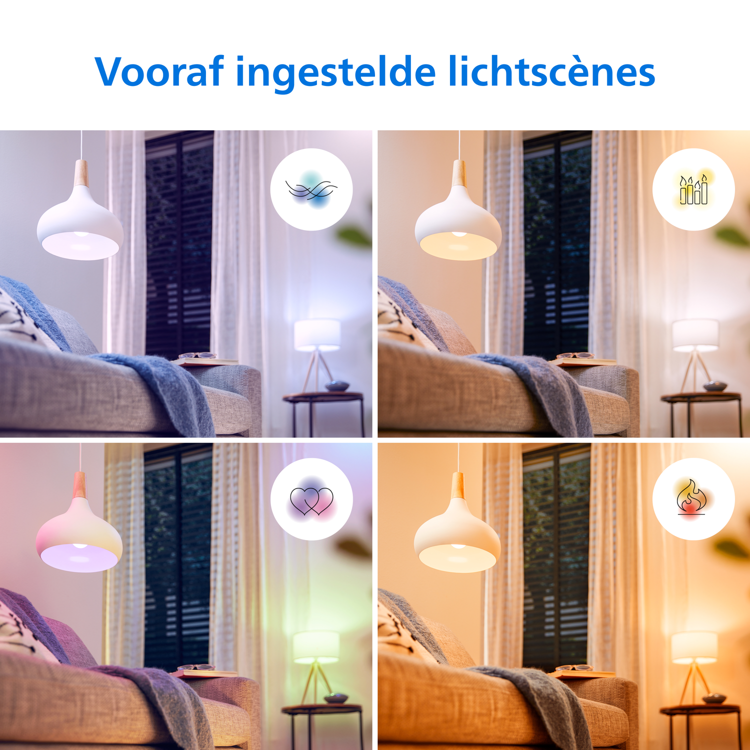 Vier scènes tonen een woonkamer met lampen in verschillende lichtkleuren.