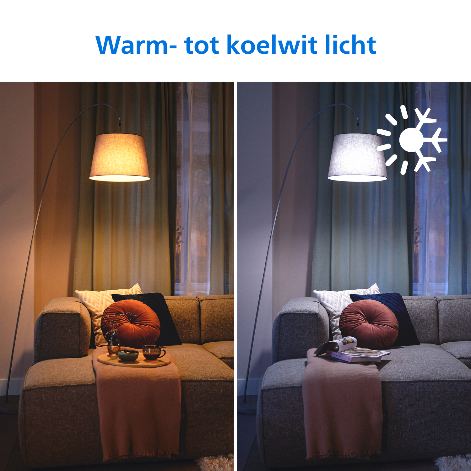 Twee beelden van woonkamer met bank, lamp en kussens. Warm en koel licht.