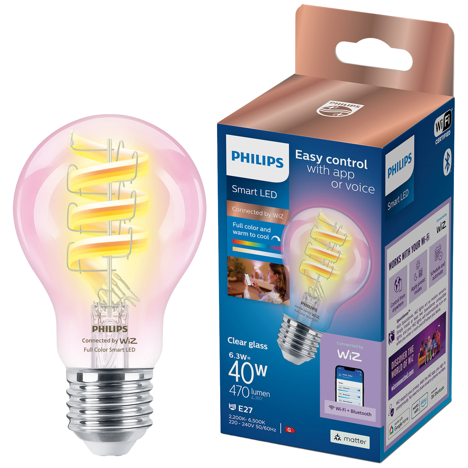 Philips Smart Lighting Smart Led Lamp Filament - Slimme Led-verlichting Gekleurd En Wit Licht E27 Transparant 40w Wi-fi Ledlamp