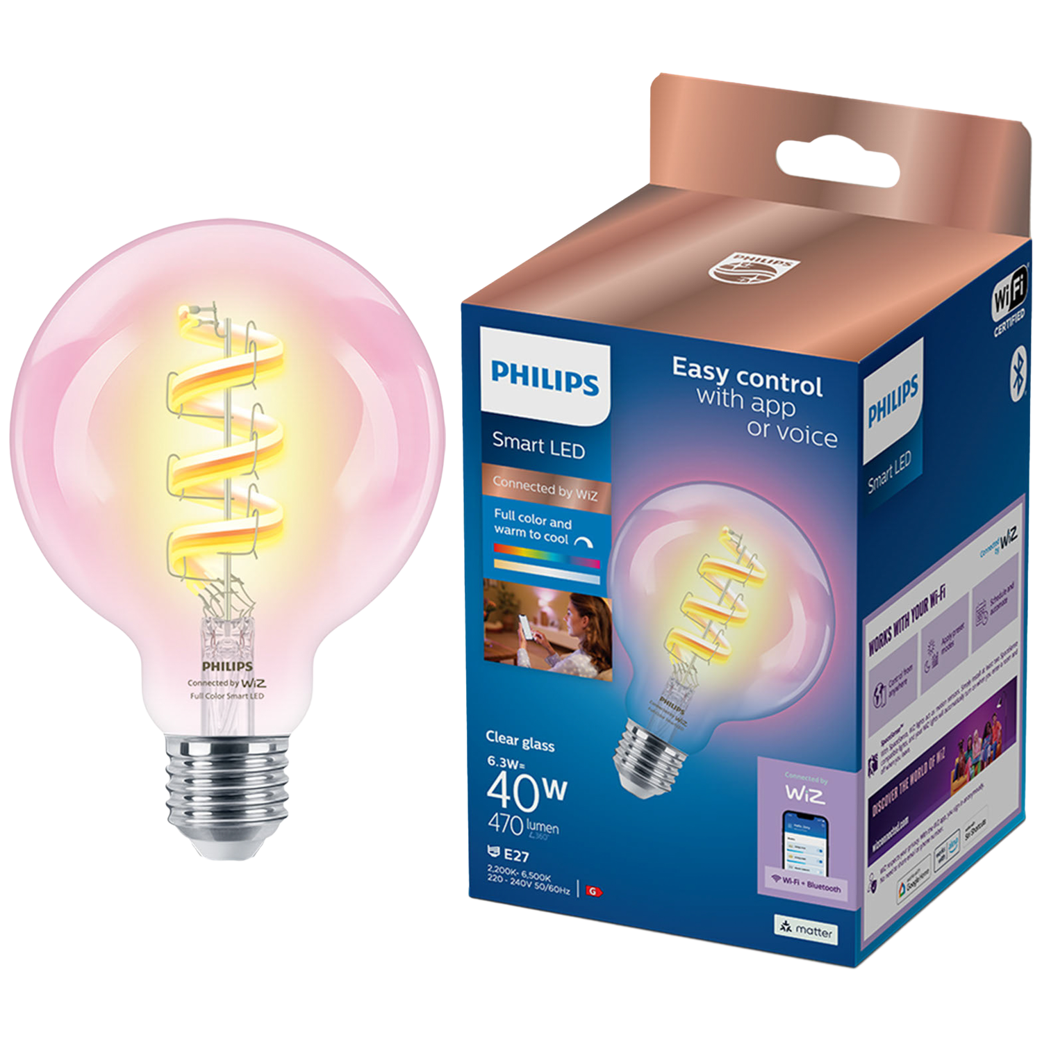 Philips Smart Lighting Smart Led Globe Filament - Slimme Led-verlichting Gekleurd En Wit Licht E27 Transparant 40w Wi-fi Ledlamp