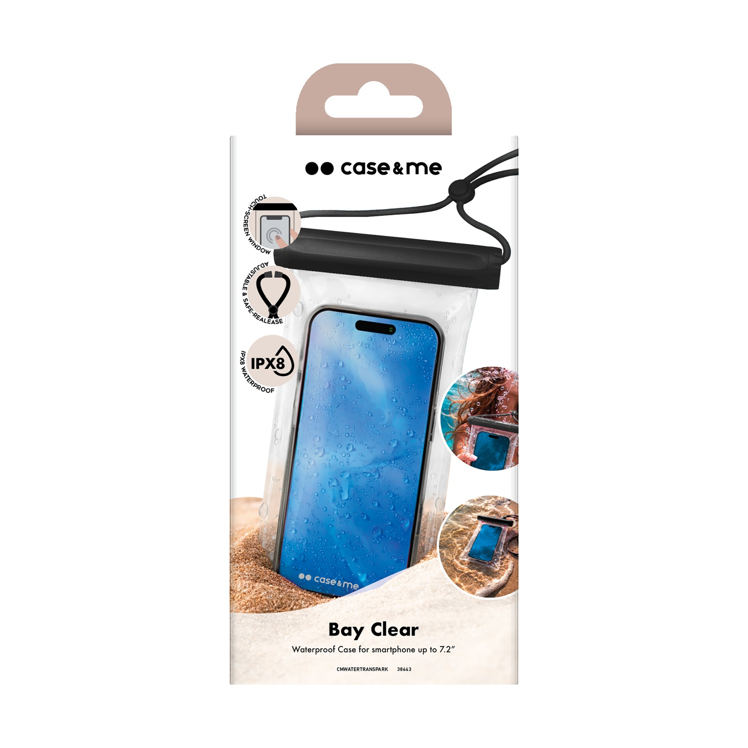 Confezione per custodia impermeabile con smartphone, su superficie sabbiosa.