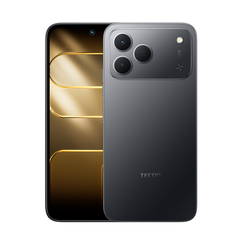 Siyah arka plan üzerinde üç kamera ve TECNO logosuna sahip gri bir akıllı telefon.