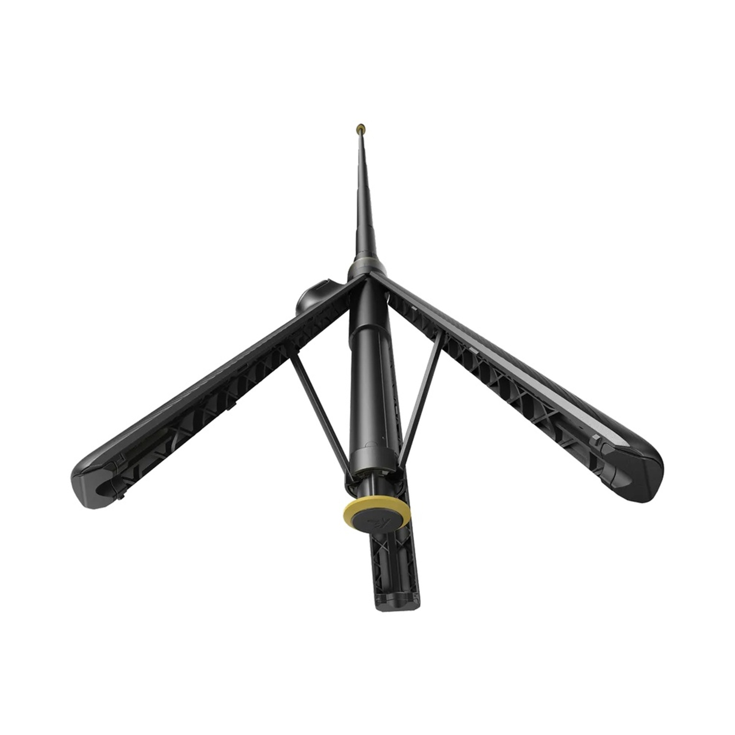 Un treppiede nero con le gambe spiegate e un'antenna in cima.