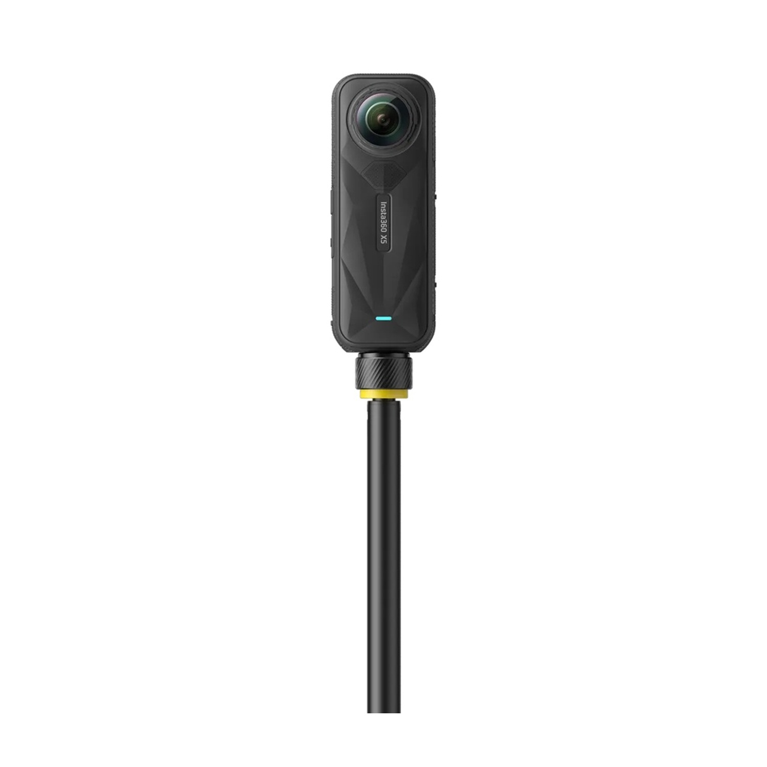 Una telecamera a 360 gradi nera su un bastone nero con anello giallo.