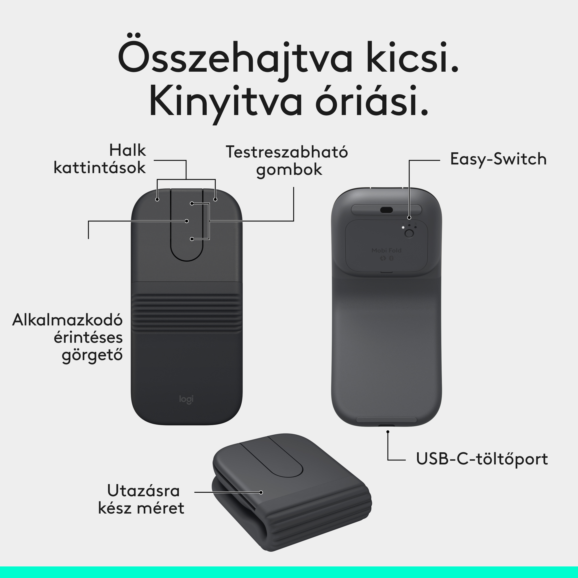 Három sötétszürke Logitech eszköz: összecsukva, nyitva és egy USB-C kábel.