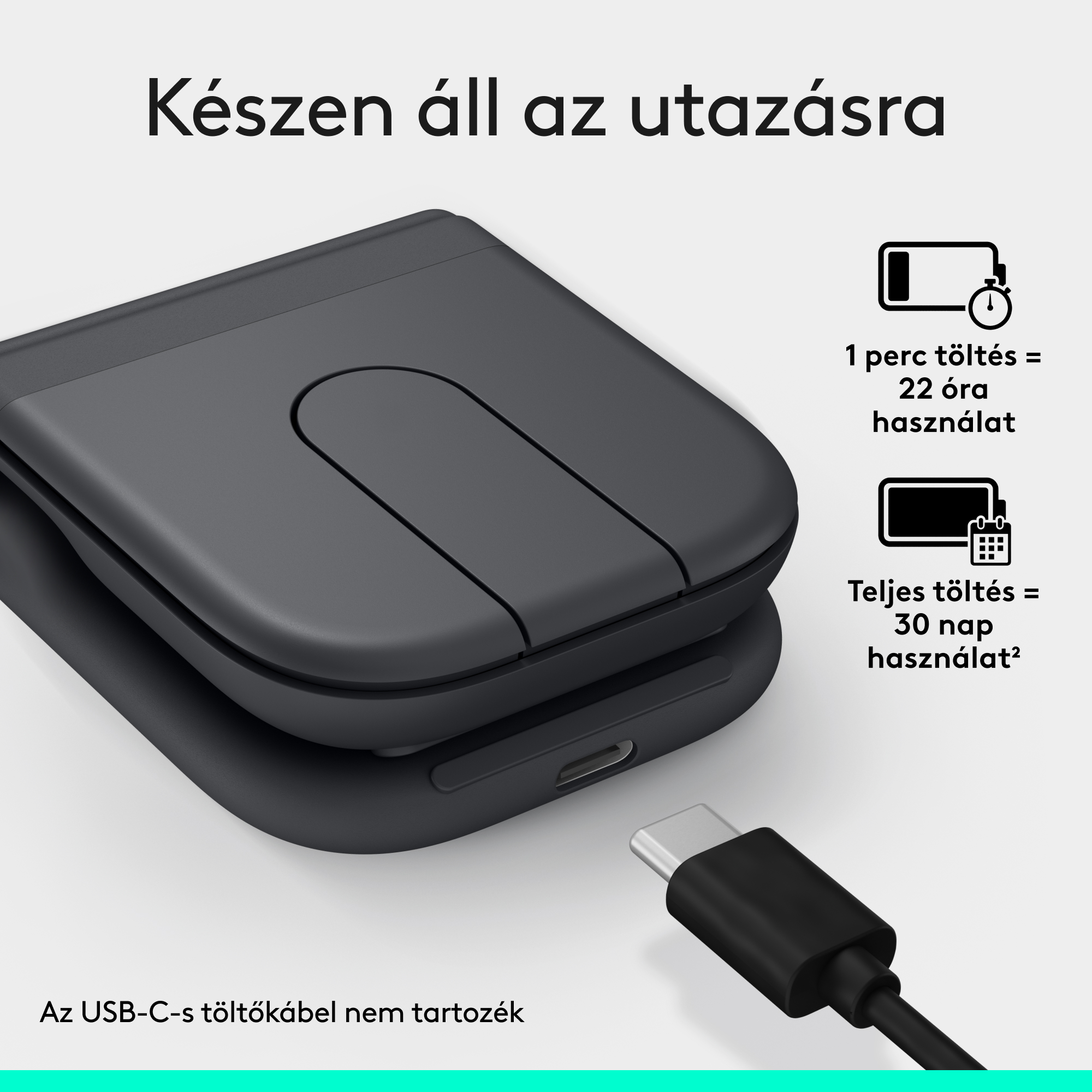 Fekete töltőtok USB-C porttal. 1 perc töltés 22 óra használatot biztosít.