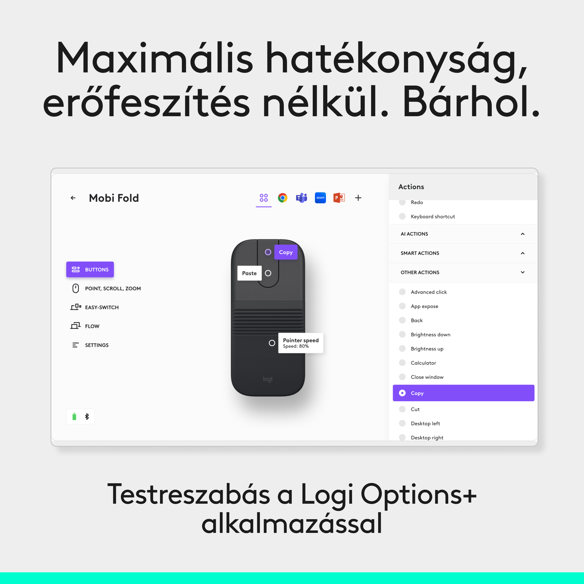A Logi Options+ alkalmazás egérbeállításokat jelenít meg gombokkal és műveletekkel.