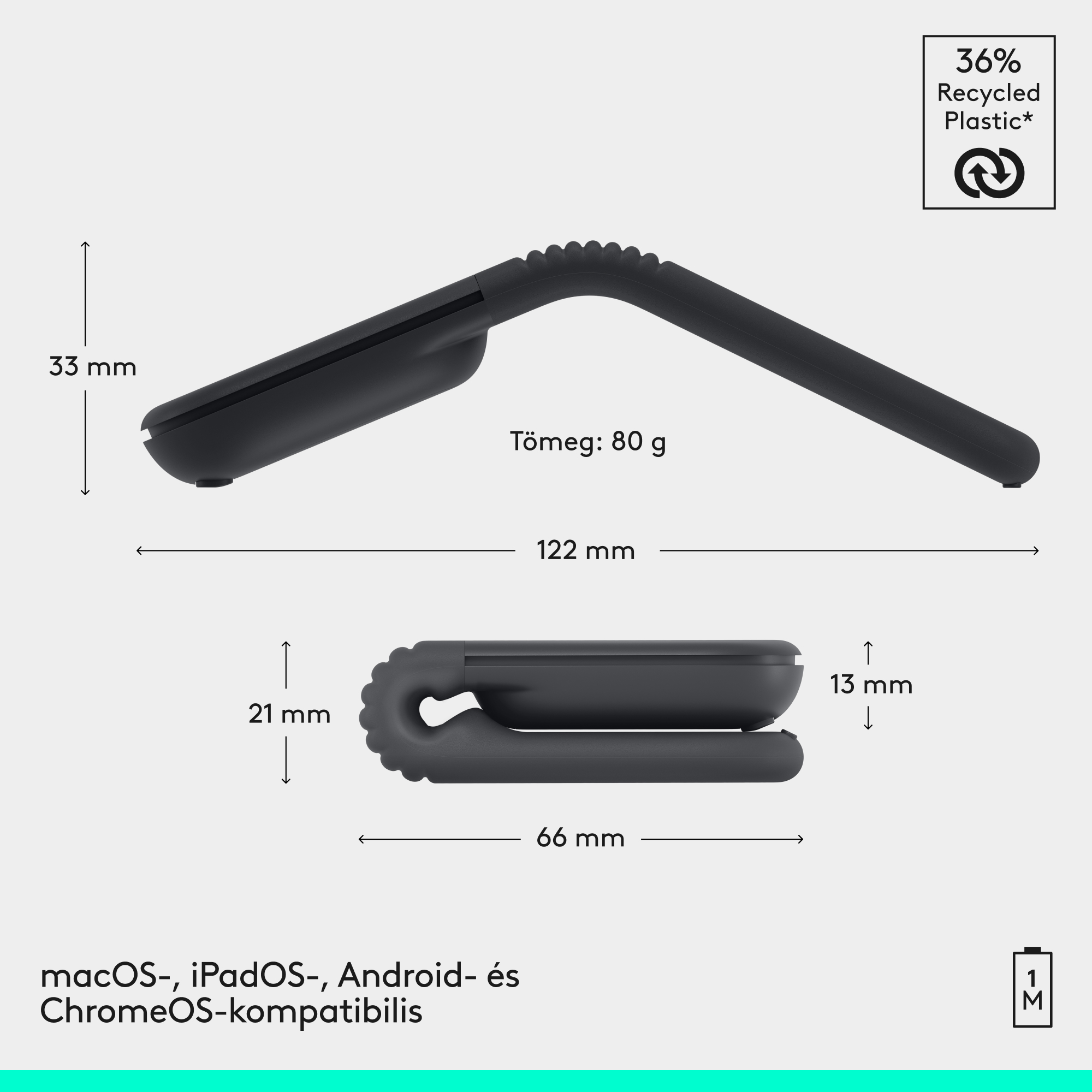 Fekete hordozható eszköz méretekkel: 33x122x21mm, súly 80g. Kompatibilis macOS, iPadOS, Android, ChromeOS rendszerekkel.