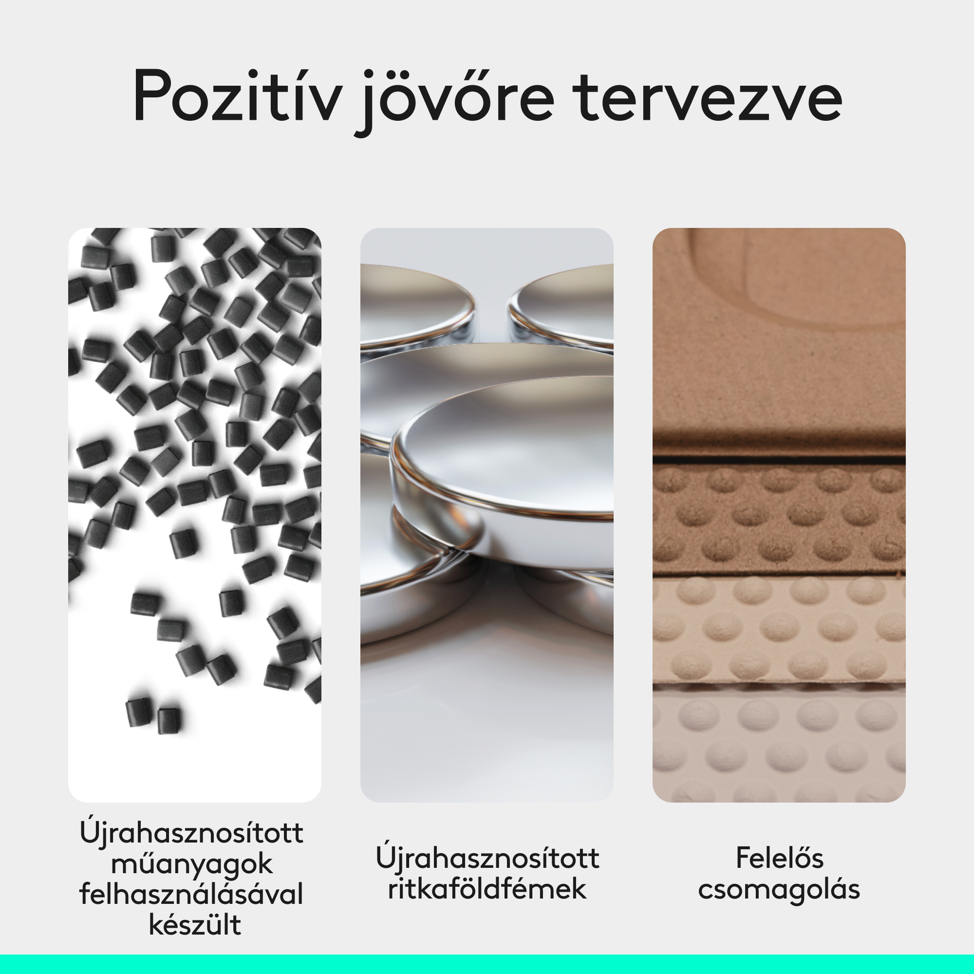 Három kép: fekete granulátum, ezüsttálak, dombornyomott kartonrétegek.