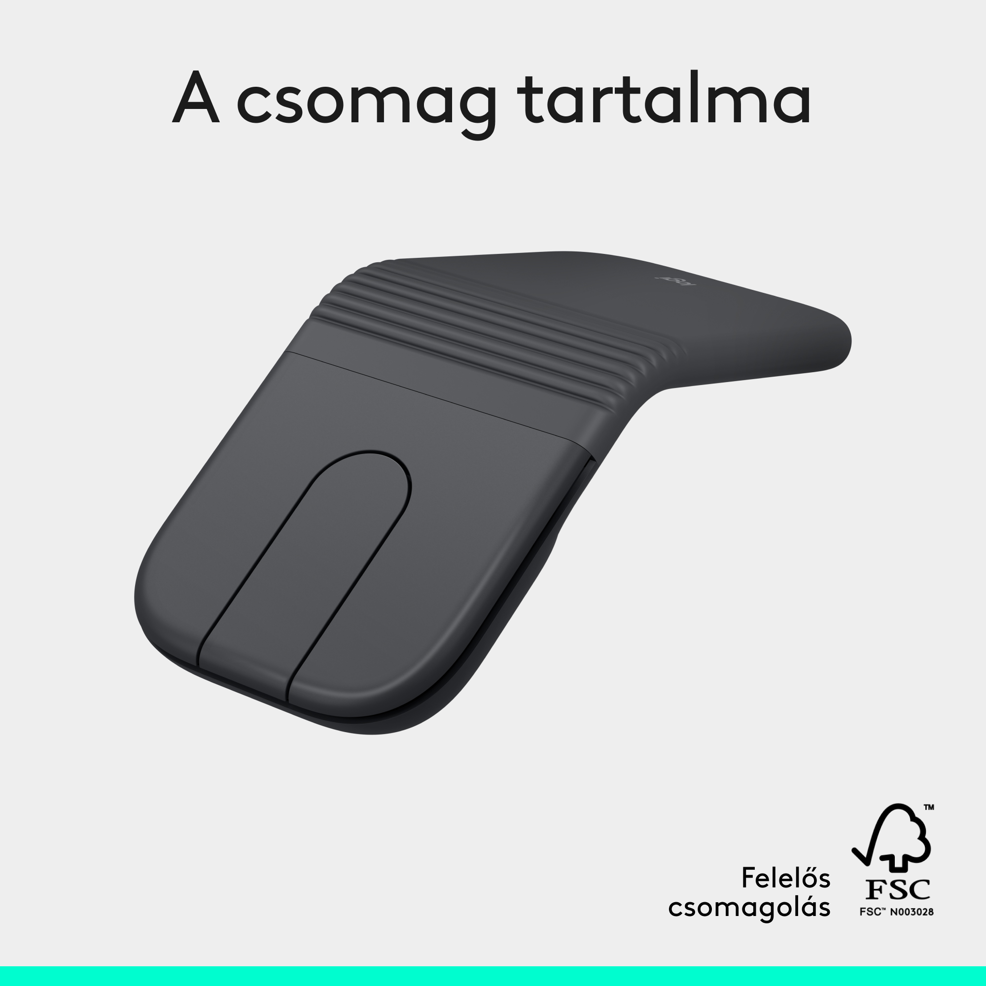 Sötétszürke számítógépes egér bordázott felsőrésszel és FSC logóval.
