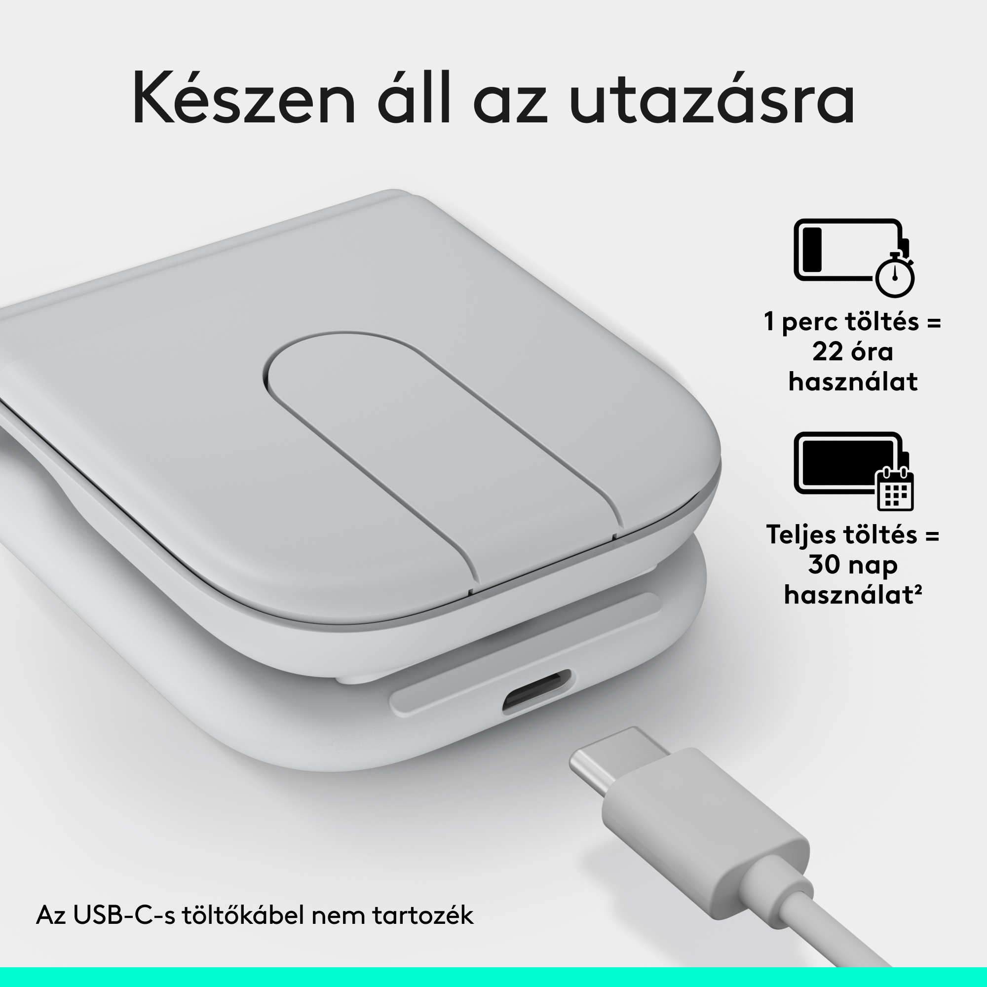 Fehér töltőtok USB-C porttal és kábellel. 1 perc töltés 22 óra használatot biztosít.
