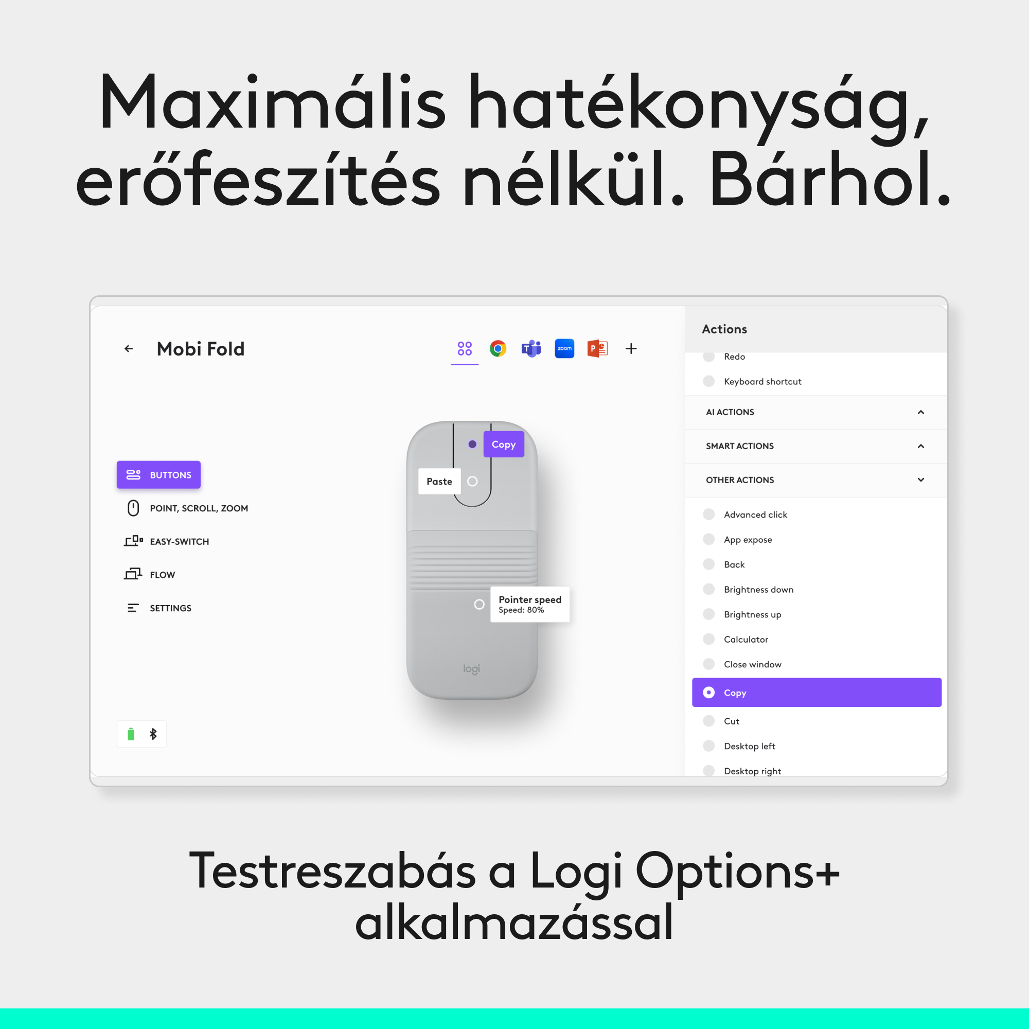 Egy egérkonfiguráció a Logi Options+-ban, kiemelve a "Másolás" művelet.