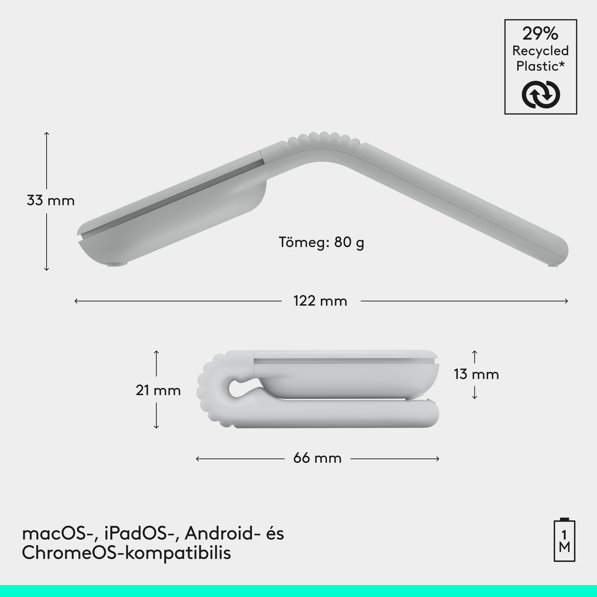 Fehér eszköz méretekkel: 33mm M, 122mm H, 21mm M, 66mm SZ, 13mm M. 80g súly.