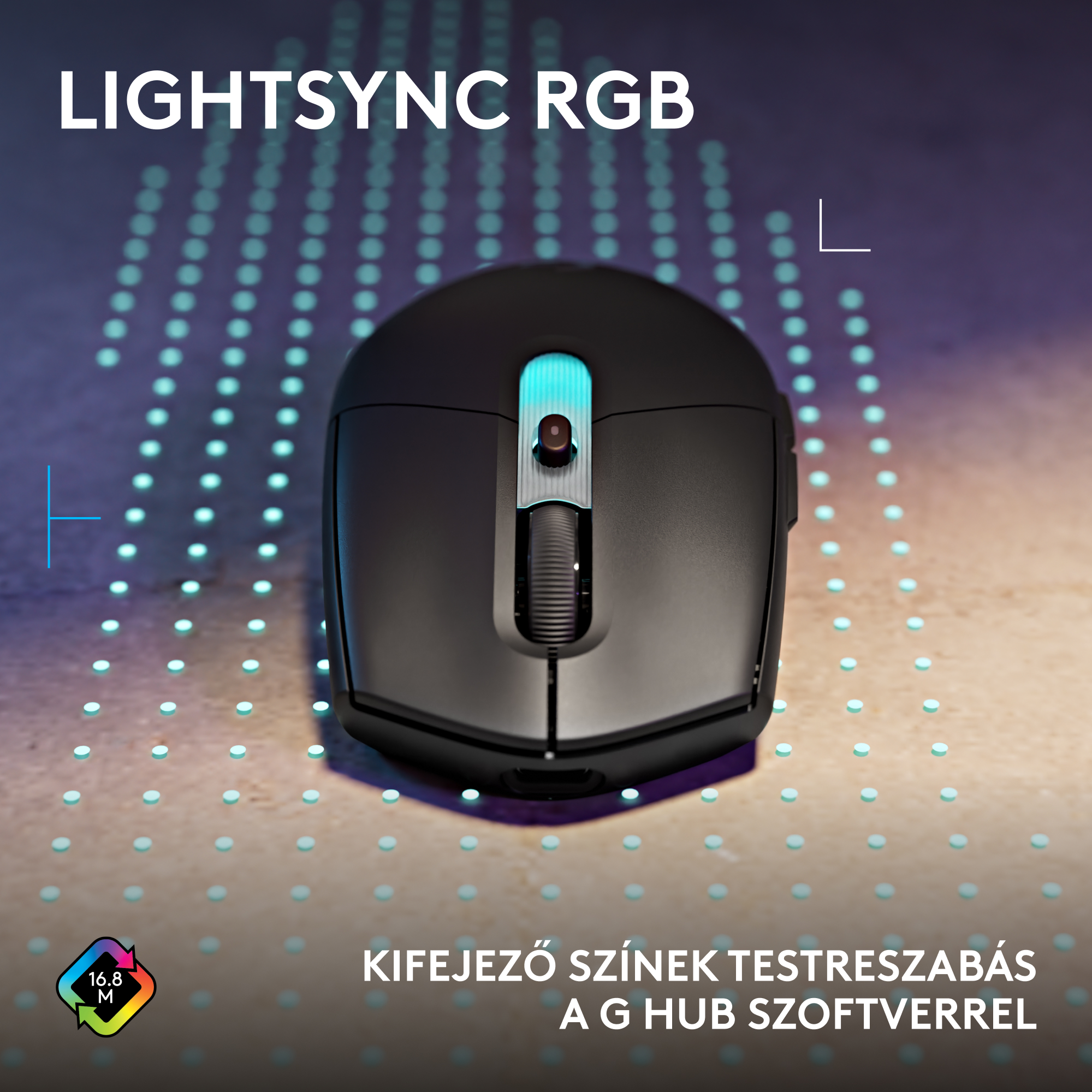 Fekete egér RGB világítással pontozott háttéren.