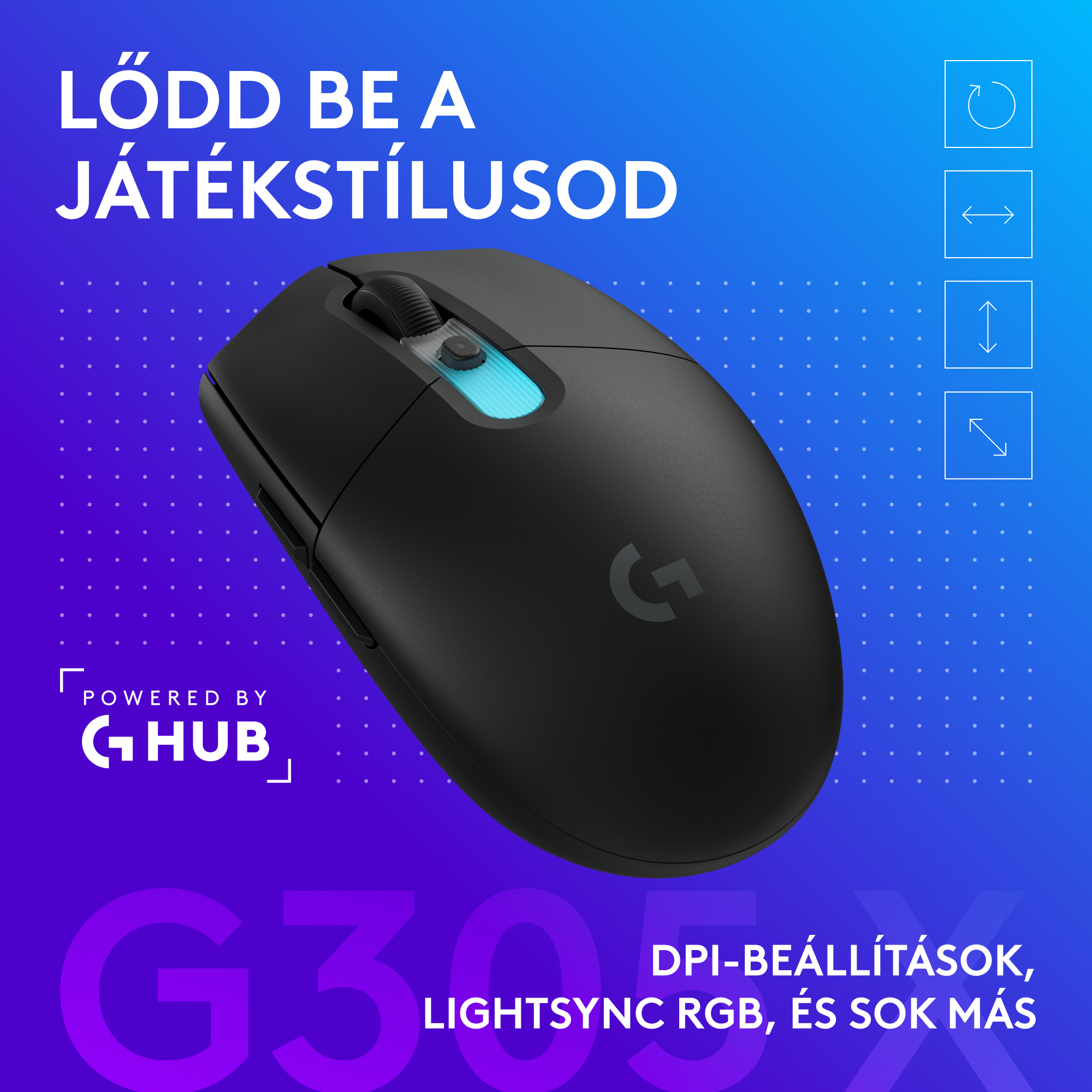 Fekete gamer egér világító görgővel kék-lila háttéren.