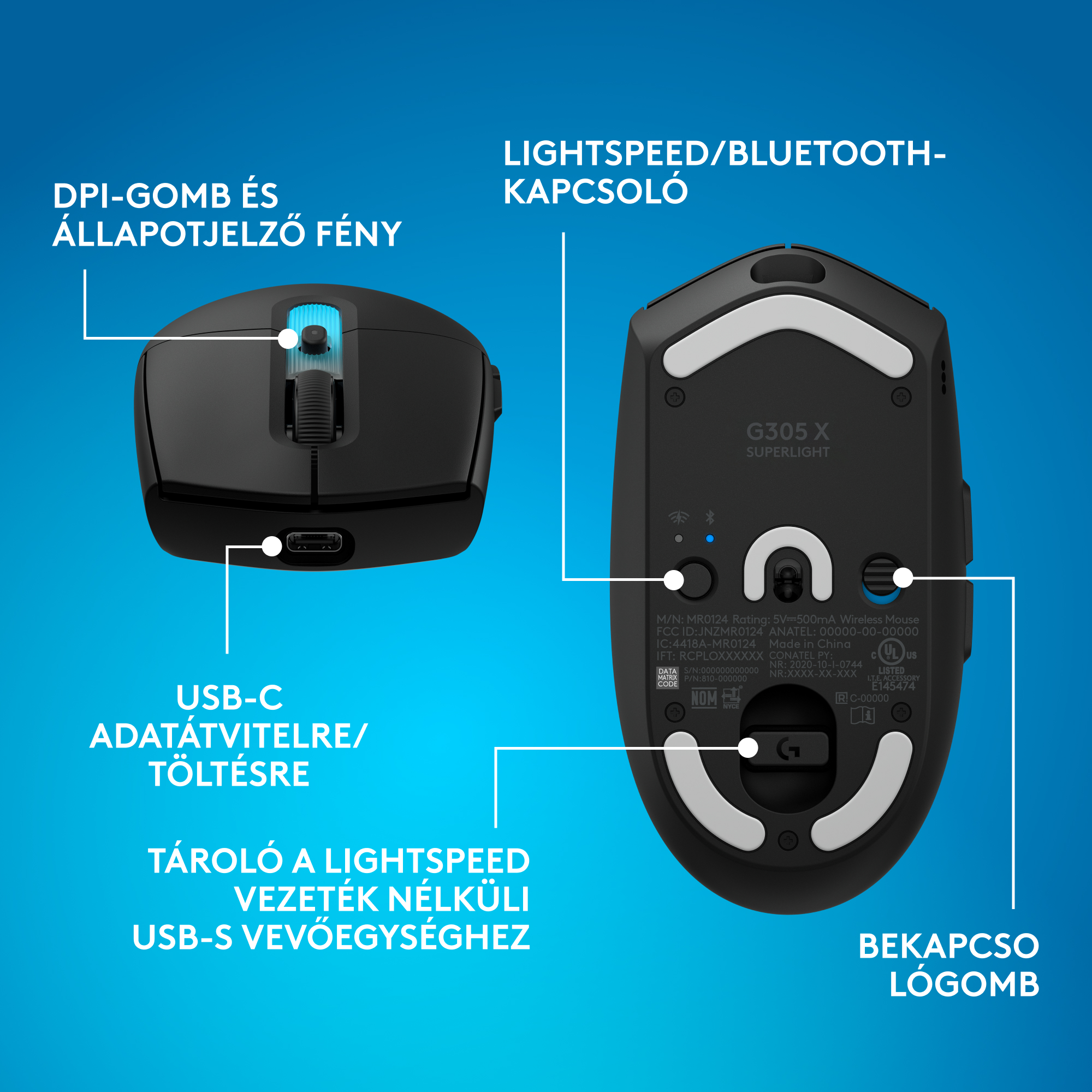 Fekete és szürke egér USB-C porttal, DPI gombbal és Bluetooth-tal.