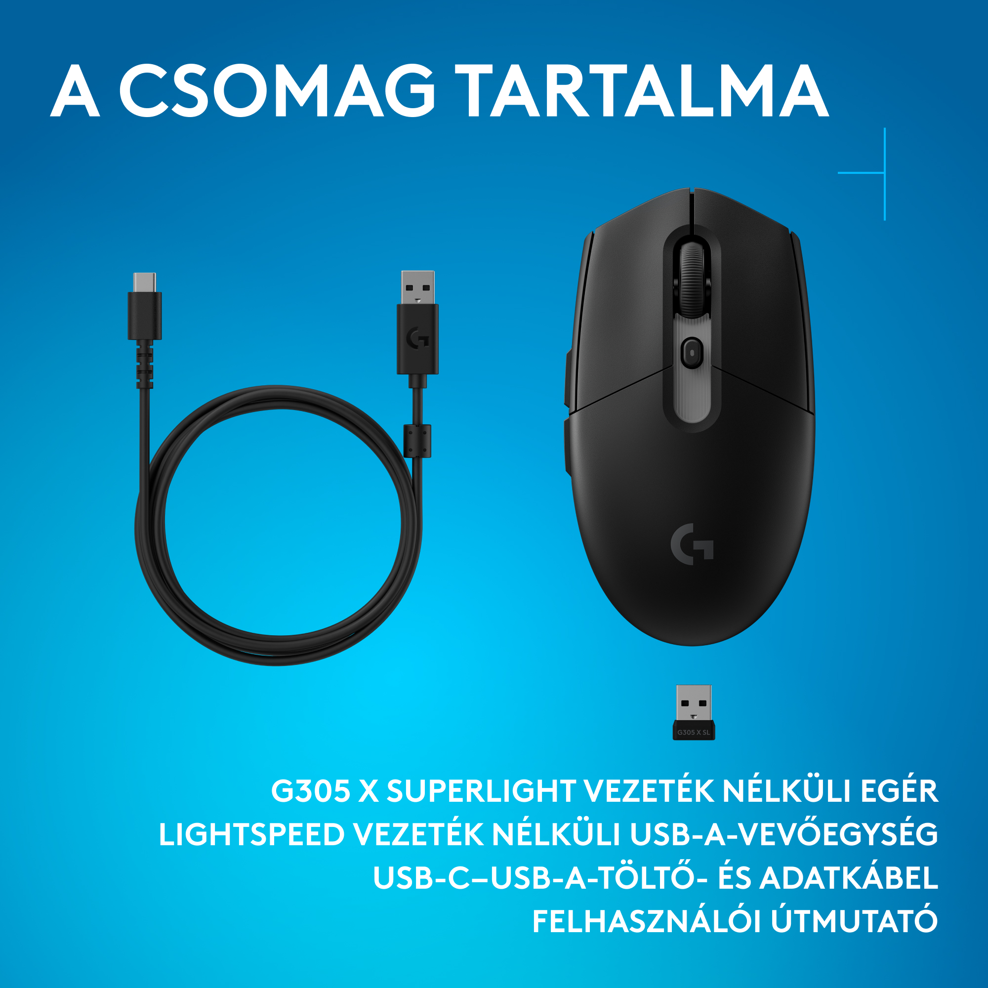 Fekete vezeték nélküli egér USB-vevővel és kábellel, kék háttér.