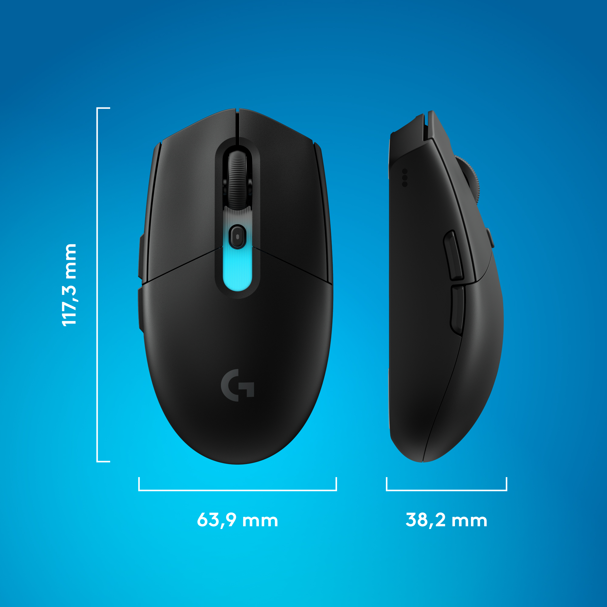 Fekete gamer egér kék díszítéssel, méretek 117,3x63,9x38,2 mm.