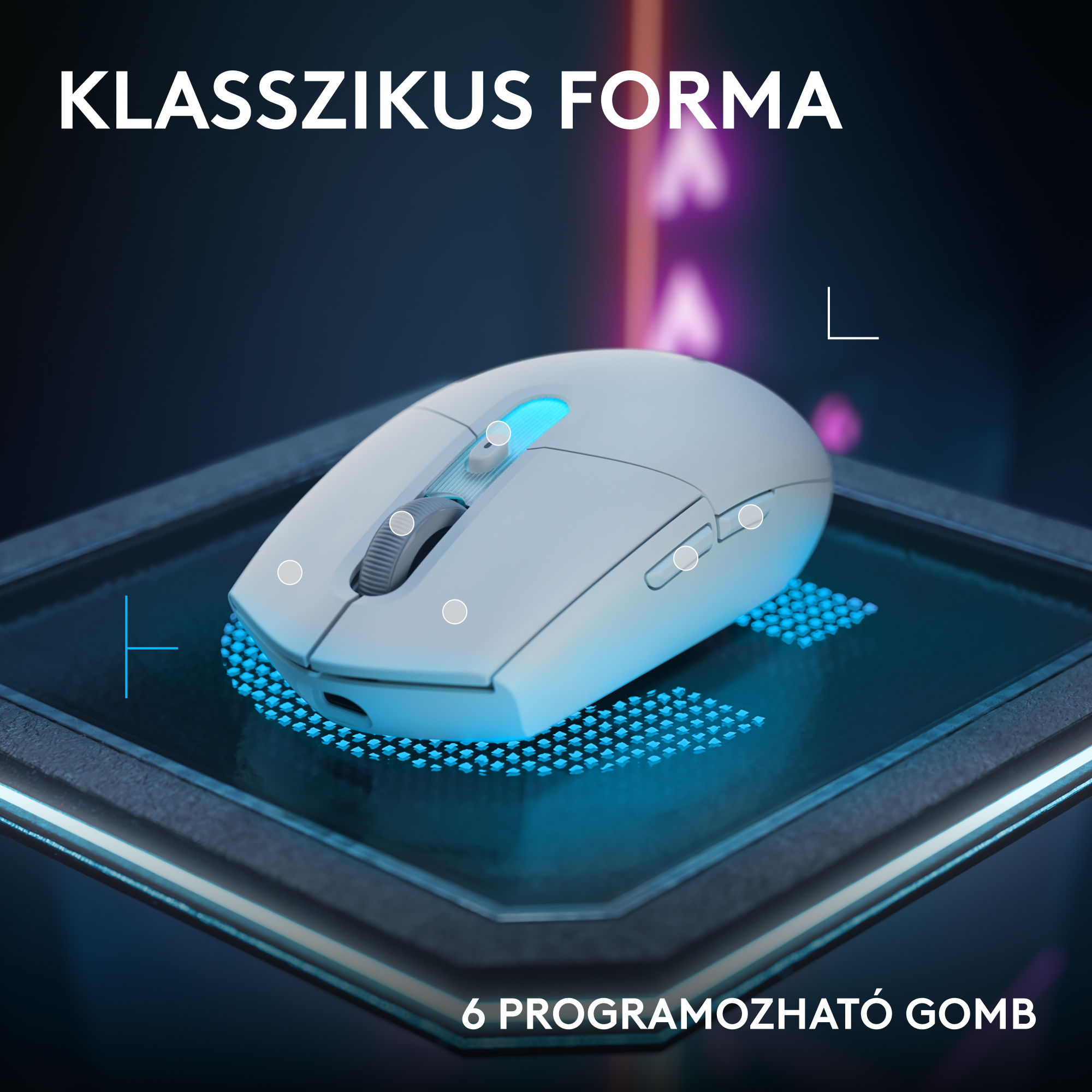 Fehér gamer egér kék fényekkel, sötét háttérrel.