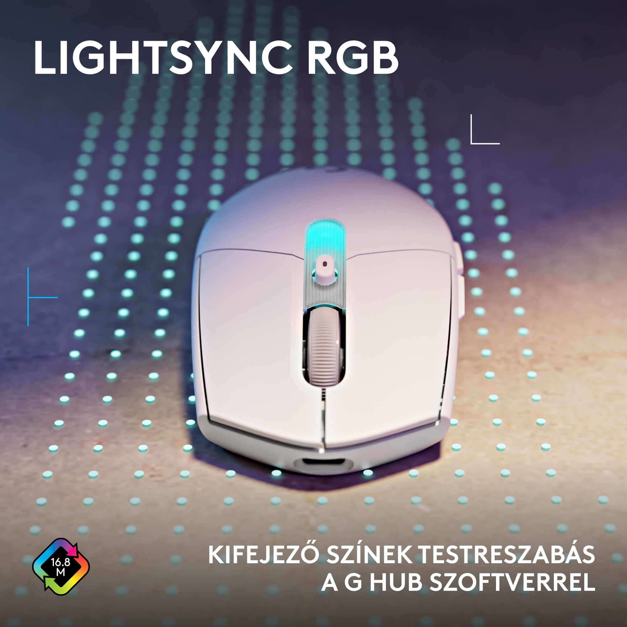 Fehér gamer egér LIGHTSYNC RGB világítással és 16,8 millió színnel.